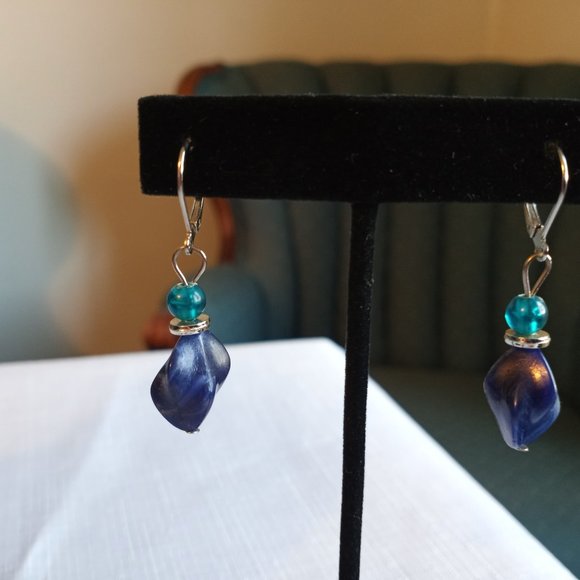 Necklace and Earring Set Navy Teal Lime Silver Tone Beaded EUC-Item #193 - Picture 3 of 4